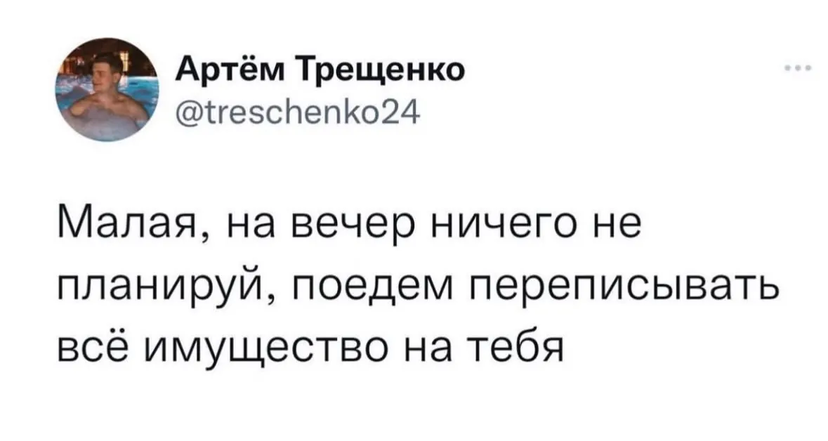 Мем-твит: «Малая, на вечер ничего не планируй, поедем переписывать всё имущество на тебя»