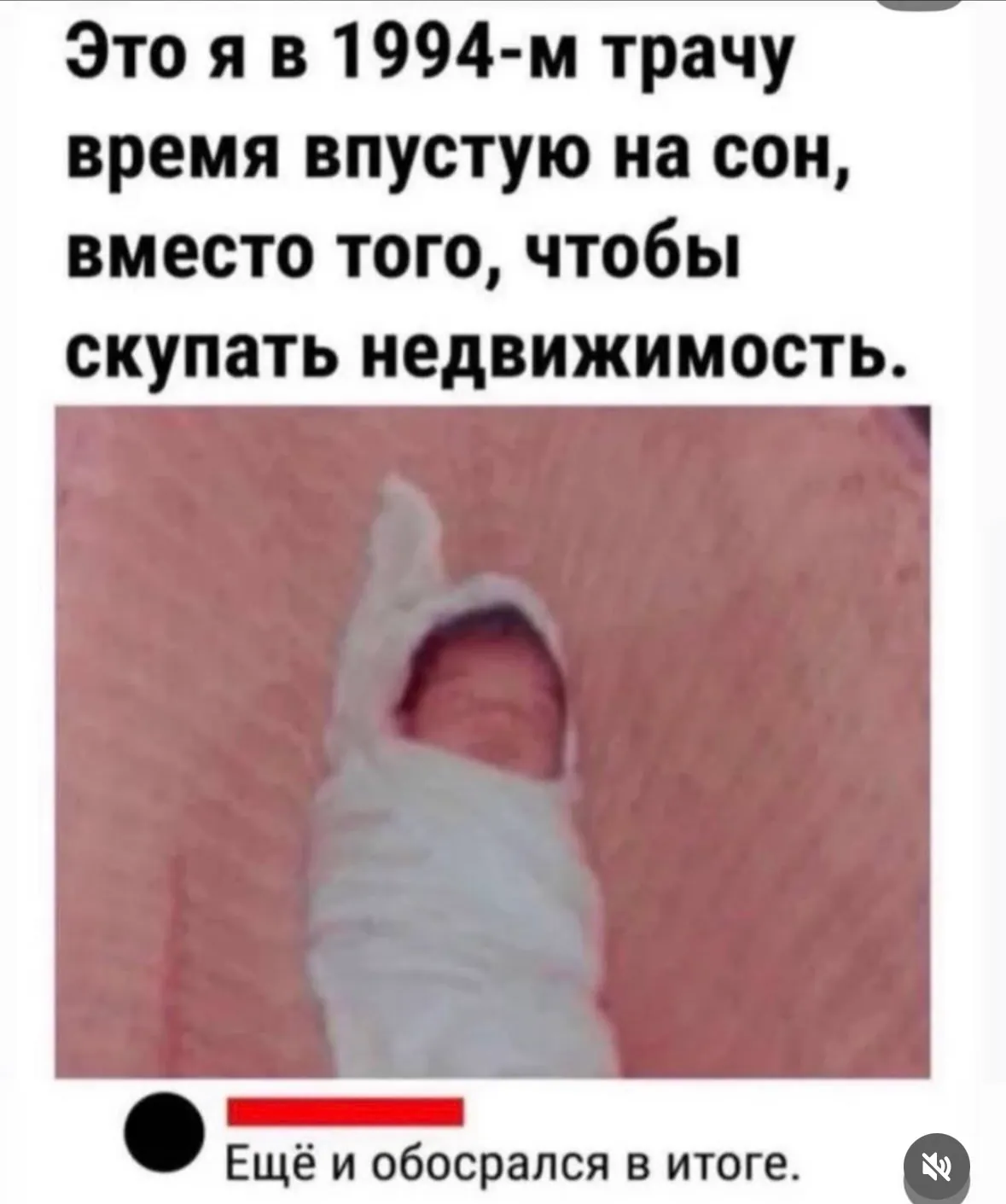 Мем: младенец в пелёнках, подпись «Это я в 1994-м трачу время впустую на сон, вместо того чтобы скупать недвижимость», ниже комментарий «Ещё и обосрался в итоге»